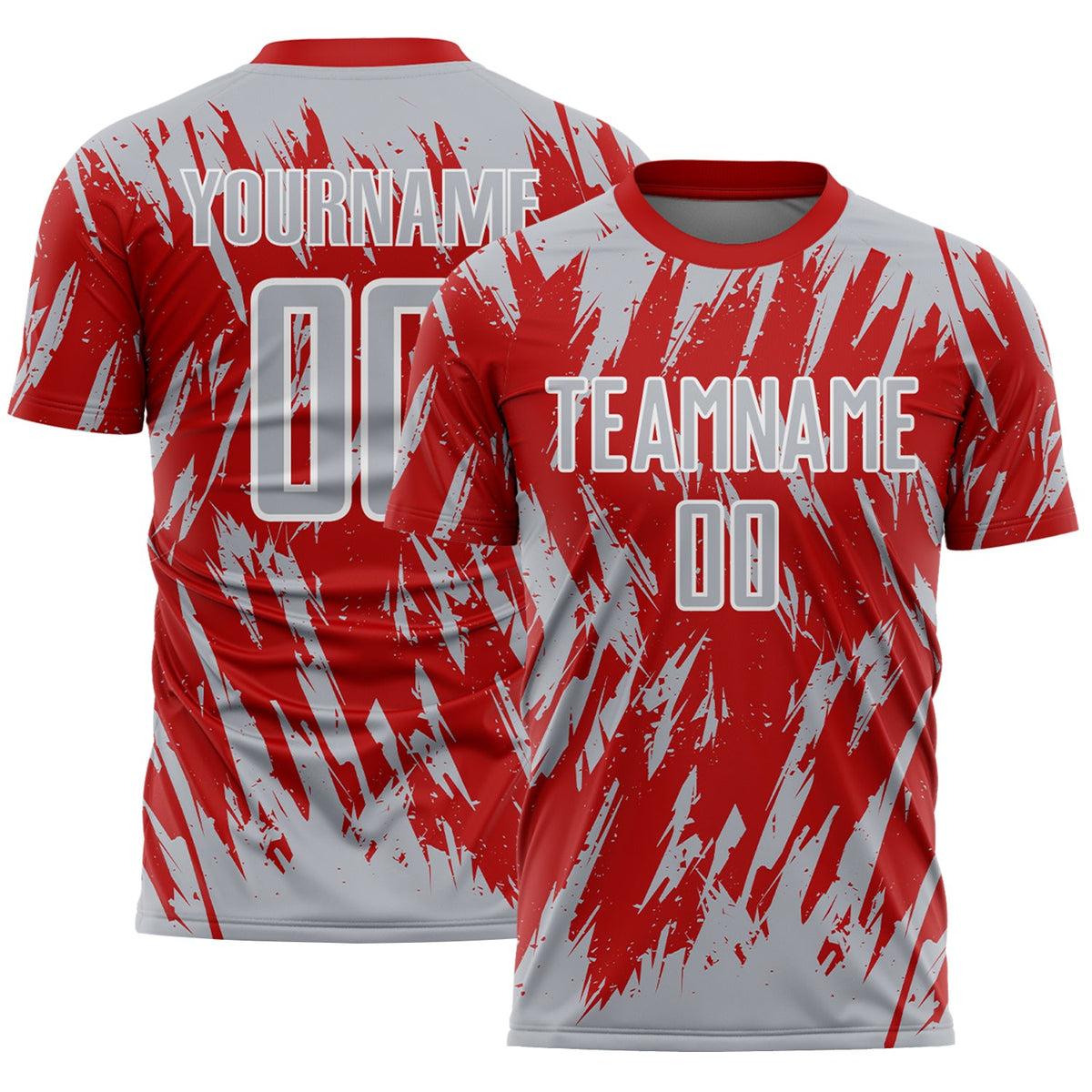 Custom Red Gray-White Splatter Torn Sharp Brush Stroke Sublimation Soccer Uniform Jersey