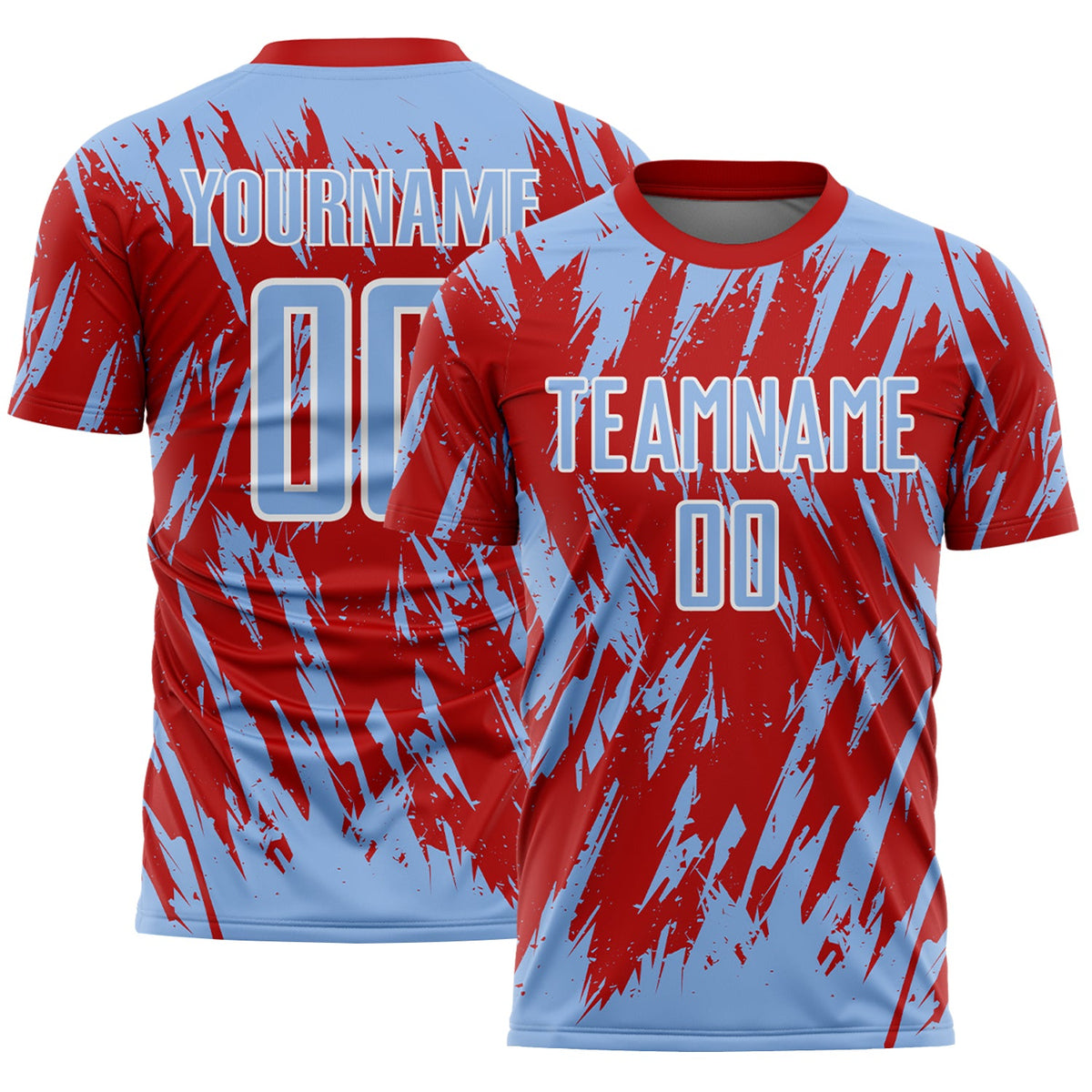 Custom Red Light Blue-White Splatter Torn Sharp Brush Stroke Sublimation Soccer Uniform Jersey