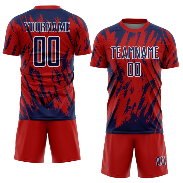 Custom Red Navy-White Splatter Torn Sharp Brush Stroke Sublimation Soccer Uniform Jersey alternate