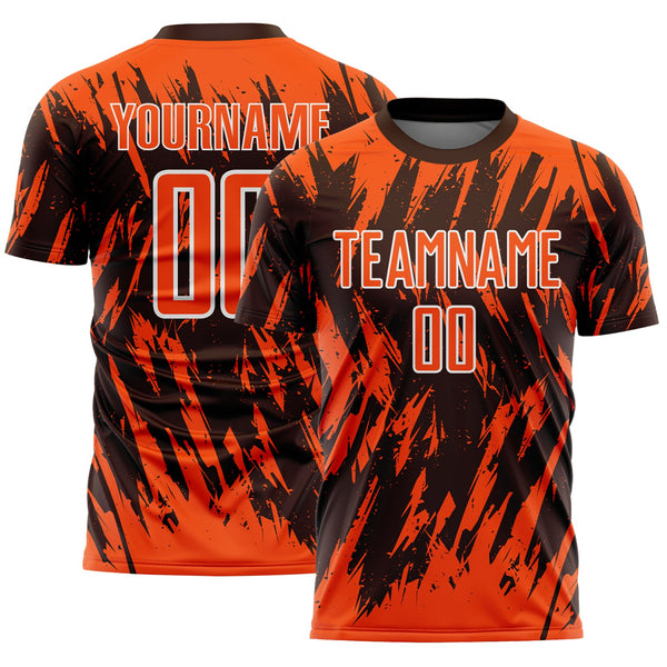Custom Brown Orange-White Splatter Torn Sharp Brush Stroke Sublimation Soccer Uniform Jersey