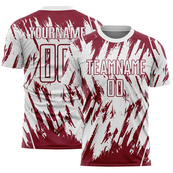 Custom White-Crimson Splatter Torn Sharp Brush Stroke Sublimation Soccer Uniform Jersey