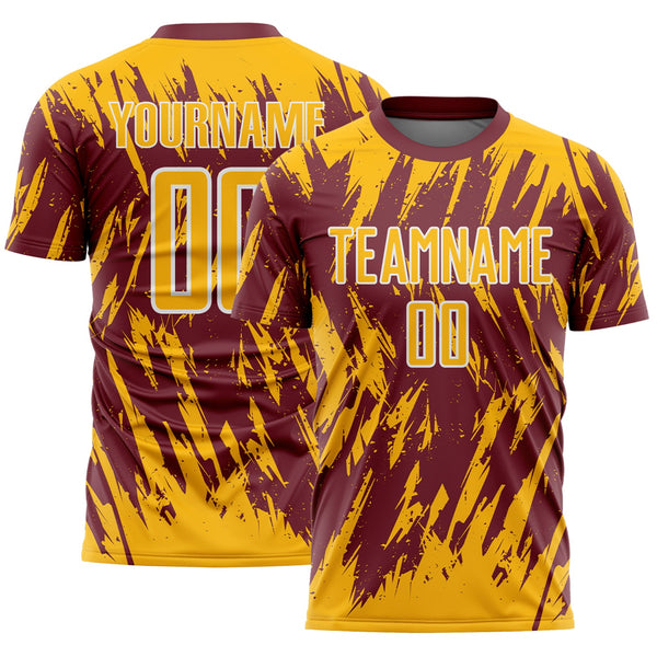 Custom Burgundy Gold-White Splatter Torn Sharp Brush Stroke Sublimation Soccer Uniform Jersey