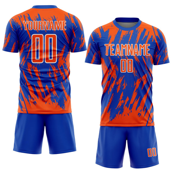 Custom Thunder Blue Orange-White Splatter Torn Sharp Brush Stroke Sublimation Soccer Uniform Jersey alternate