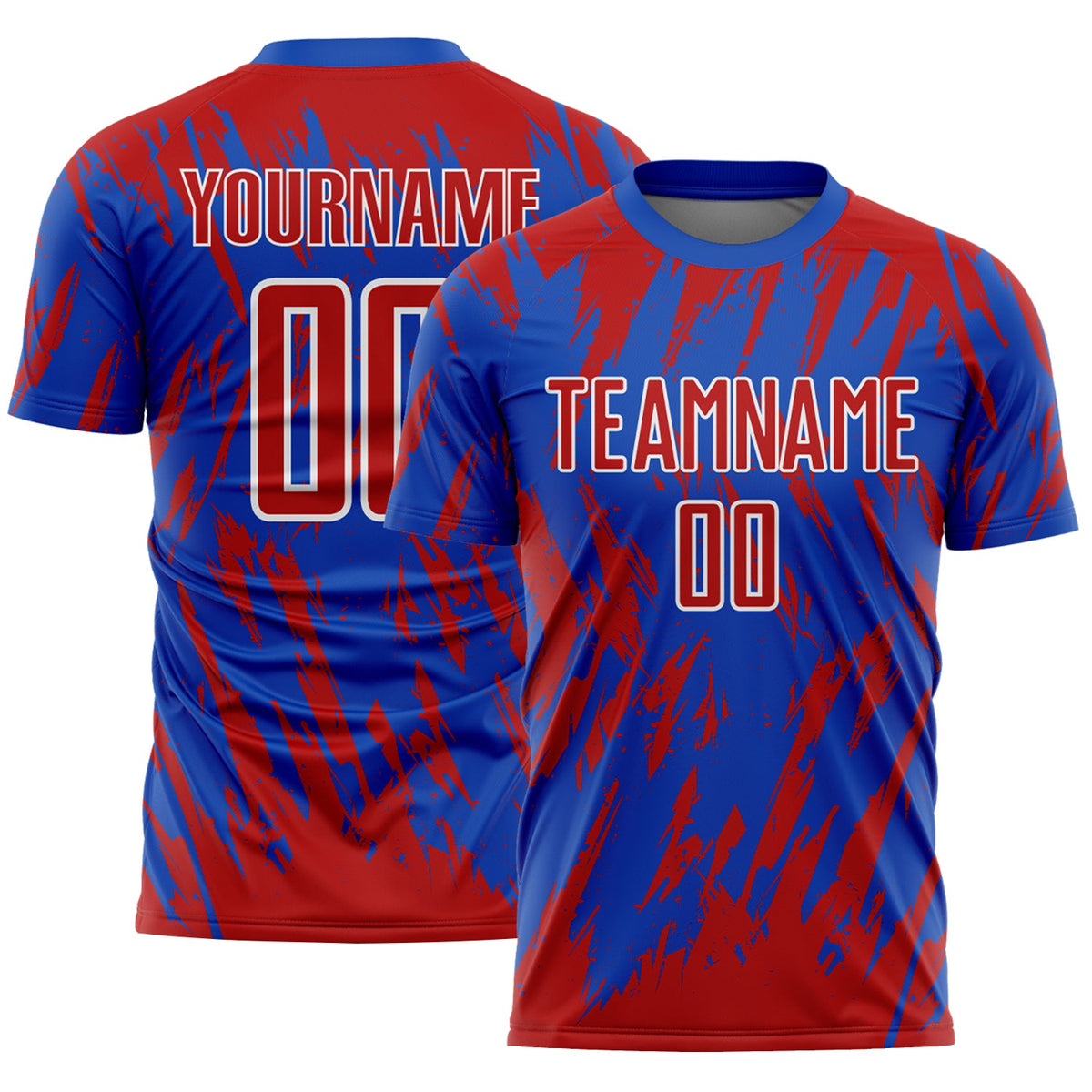 Custom Thunder Blue Red-White Splatter Torn Sharp Brush Stroke Sublimation Soccer Uniform Jersey