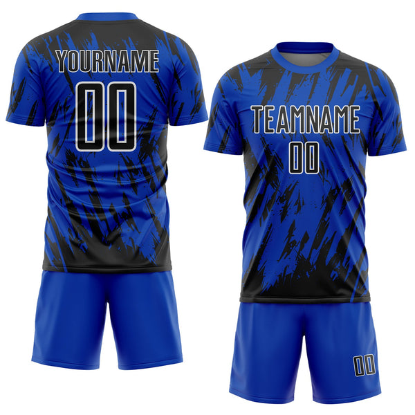 Custom Thunder Blue Black-White Splatter Torn Sharp Brush Stroke Sublimation Soccer Uniform Jersey alternate