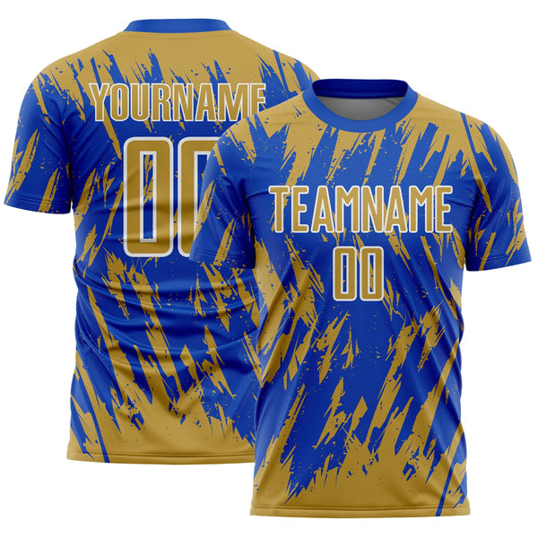 Custom Thunder Blue Old Gold-White Splatter Torn Sharp Brush Stroke Sublimation Soccer Uniform Jersey