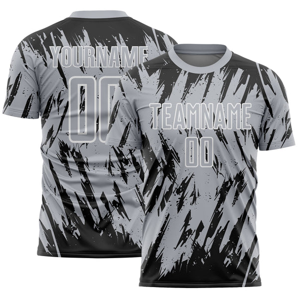 Custom Gray Black-White Splatter Torn Sharp Brush Stroke Sublimation Soccer Uniform Jersey