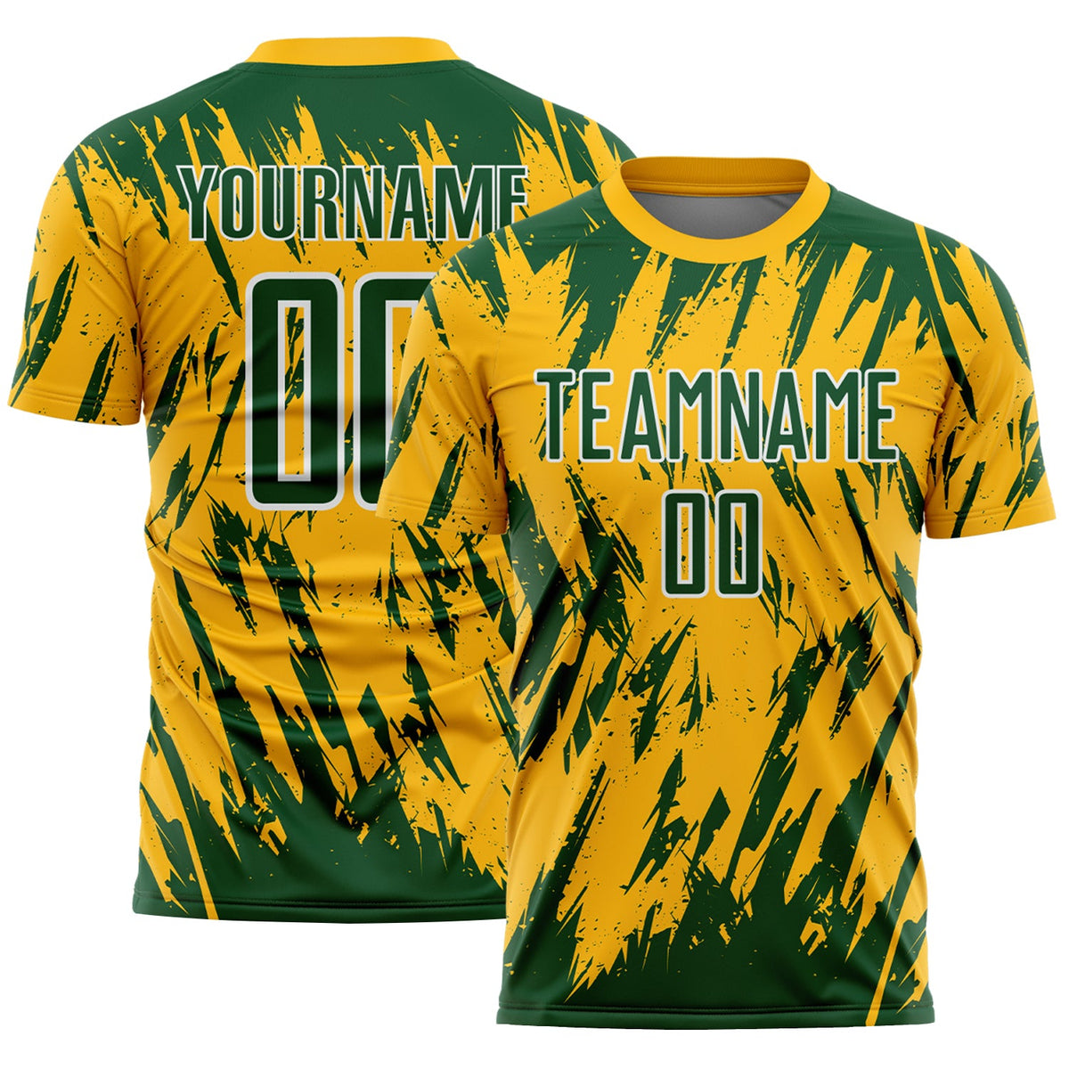 Custom Gold Green-White Splatter Torn Sharp Brush Stroke Sublimation Soccer Uniform Jersey