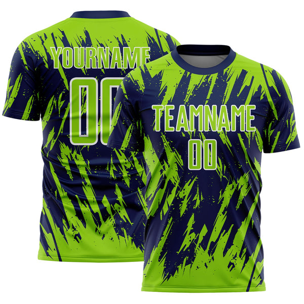 Custom Navy Neon Green-White Splatter Torn Sharp Brush Stroke Sublimation Soccer Uniform Jersey