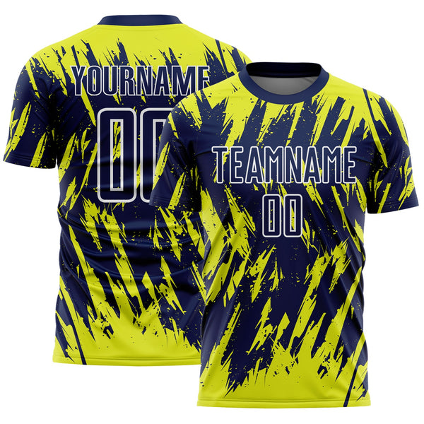 Custom Navy Neon Yellow-White Splatter Torn Sharp Brush Stroke Sublimation Soccer Uniform Jersey
