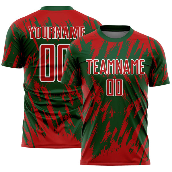 Custom Green Red-White Splatter Torn Sharp Brush Stroke Sublimation Soccer Uniform Jersey