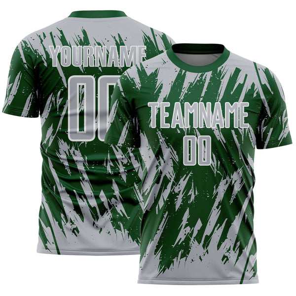 Custom Green Gray-White Splatter Torn Sharp Brush Stroke Sublimation Soccer Uniform Jersey