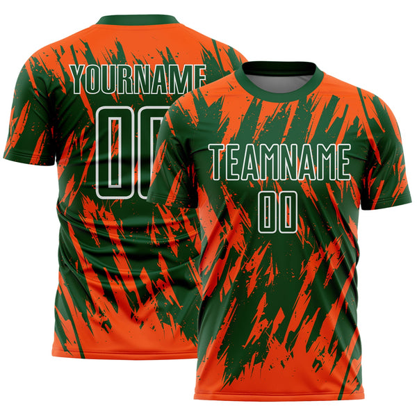 Custom Green Orange-White Splatter Torn Sharp Brush Stroke Sublimation Soccer Uniform Jersey