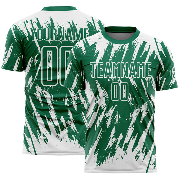 Custom Kelly Green-White Splatter Torn Sharp Brush Stroke Sublimation Soccer Uniform Jersey