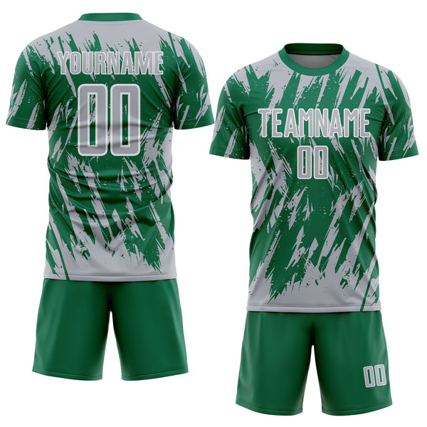 Custom Kelly Green Gray-White Splatter Torn Sharp Brush Stroke Sublimation Soccer Uniform Jersey alternate