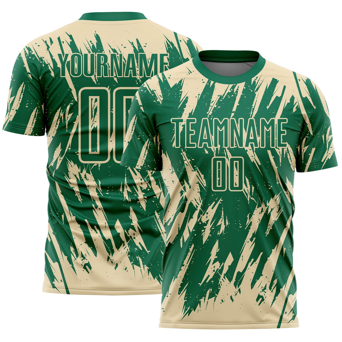 Custom Kelly Green-Cream Splatter Torn Sharp Brush Stroke Sublimation Soccer Uniform Jersey