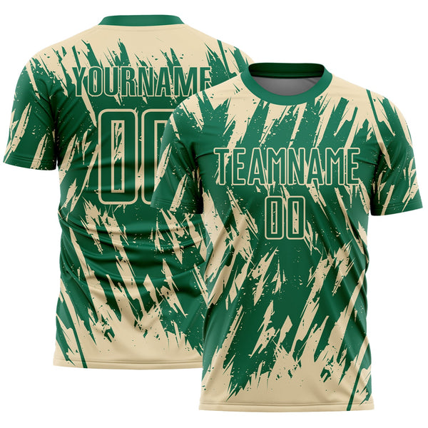 Custom Kelly Green-Cream Splatter Torn Sharp Brush Stroke Sublimation Soccer Uniform Jersey