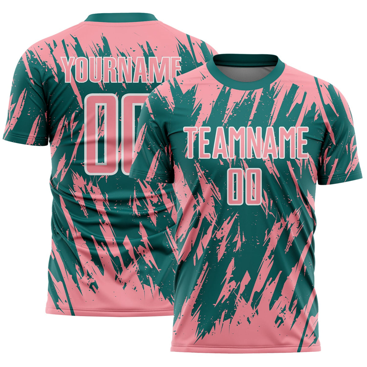Custom Teal Medium Pink-White Splatter Torn Sharp Brush Stroke Sublimation Soccer Uniform Jersey