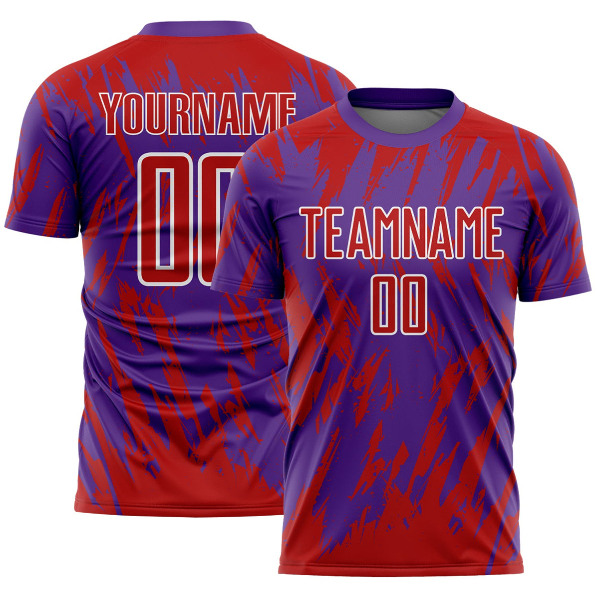 Custom Purple Red-White Splatter Torn Sharp Brush Stroke Sublimation Soccer Uniform Jersey