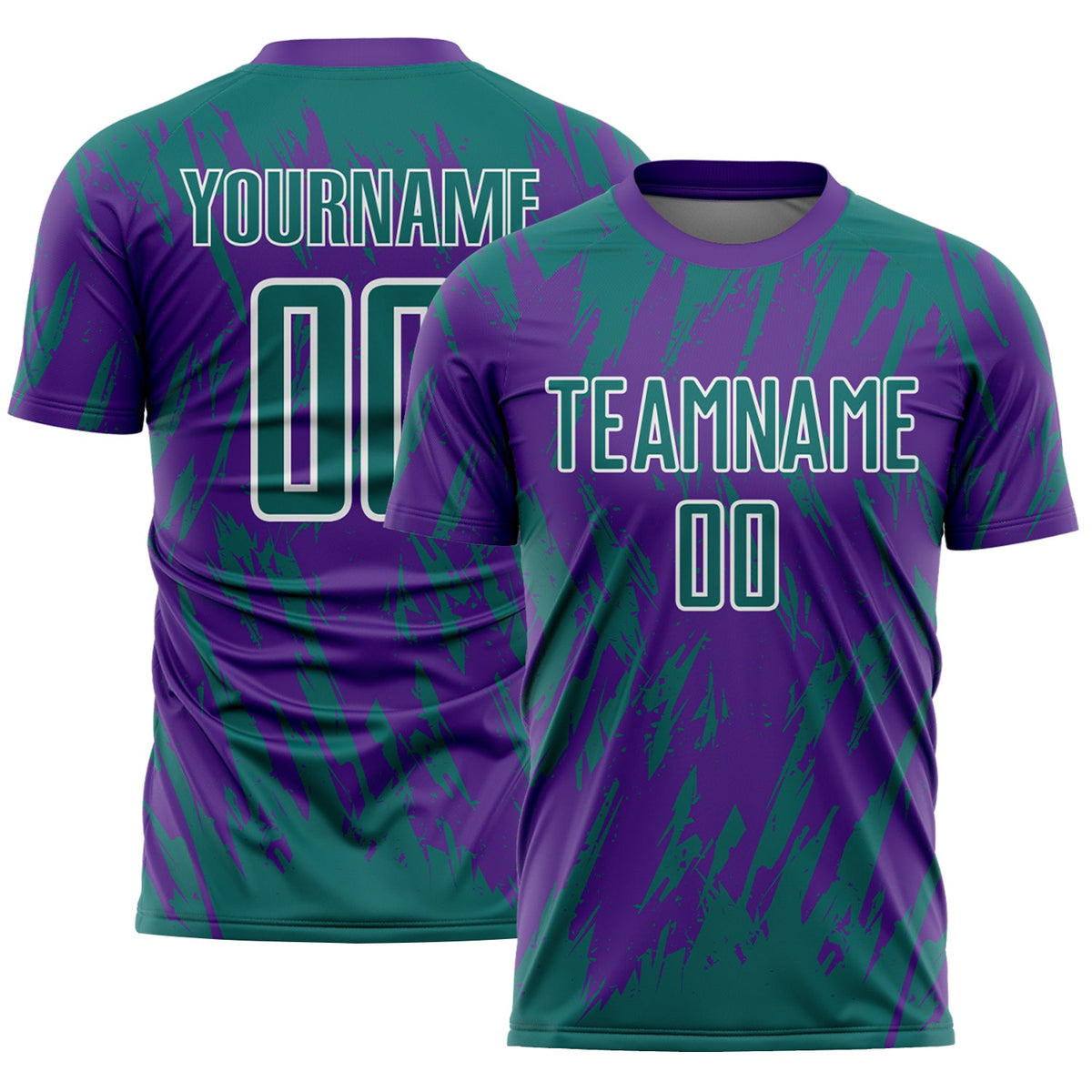 Custom Purple Teal-White Splatter Torn Sharp Brush Stroke Sublimation Soccer Uniform Jersey