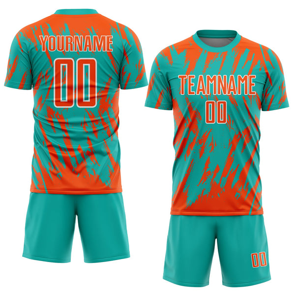 Custom Aqua Orange-White Splatter Torn Sharp Brush Stroke Sublimation Soccer Uniform Jersey alternate