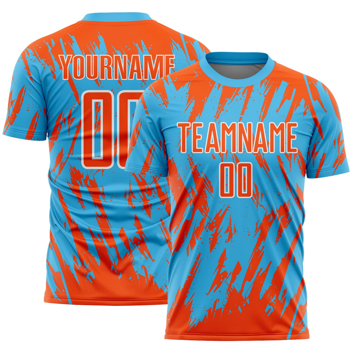Custom Sky Blue Orange-White Splatter Torn Sharp Brush Stroke Sublimation Soccer Uniform Jersey