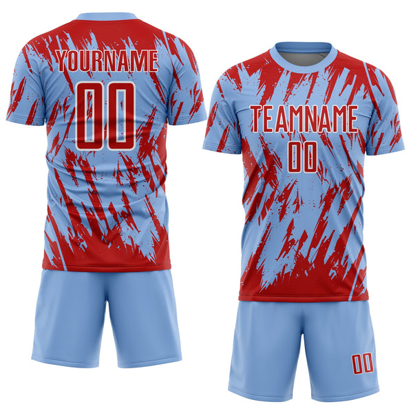Custom Light Blue Red-White Splatter Torn Sharp Brush Stroke Sublimation Soccer Uniform Jersey alternate