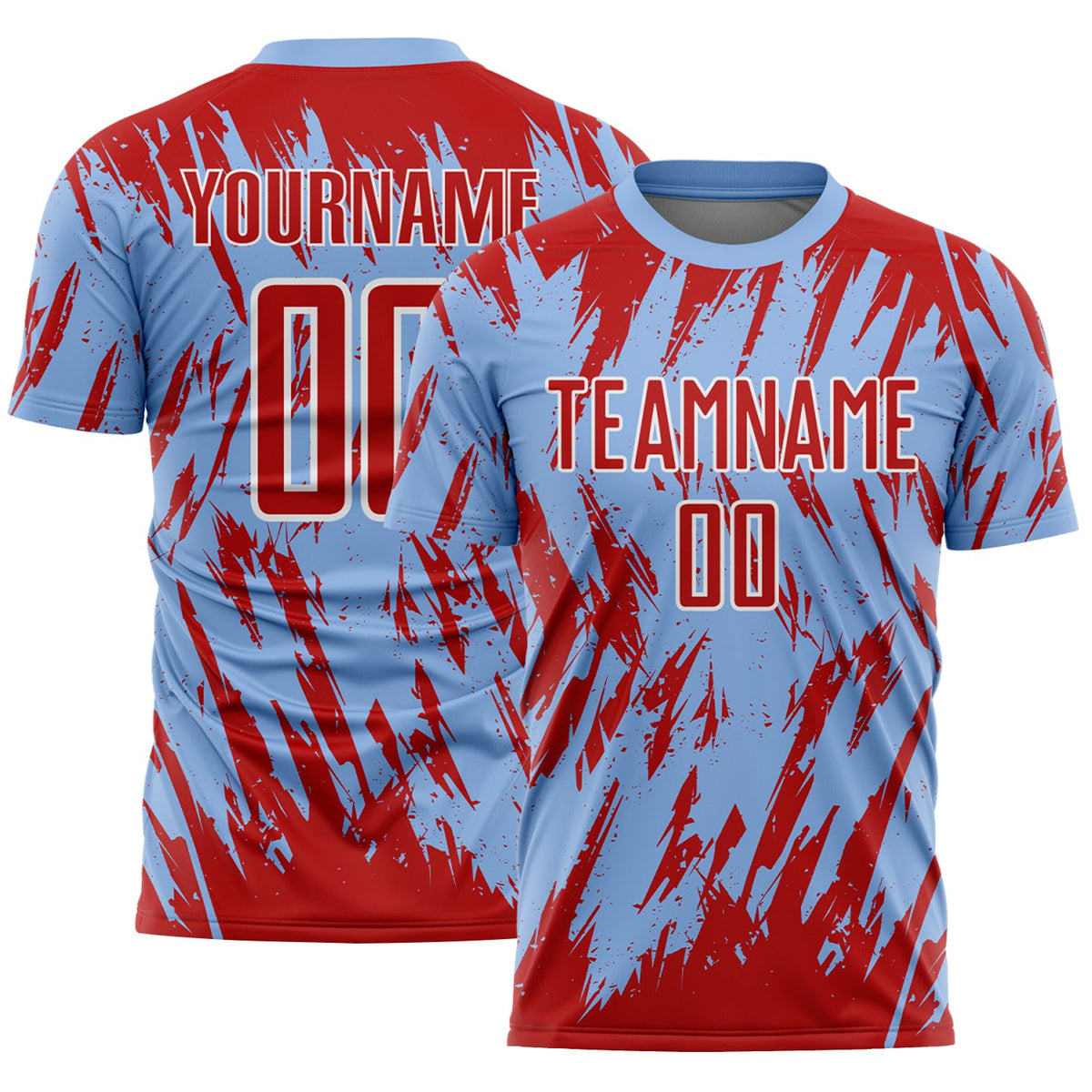 Custom Light Blue Red-White Splatter Torn Sharp Brush Stroke Sublimation Soccer Uniform Jersey