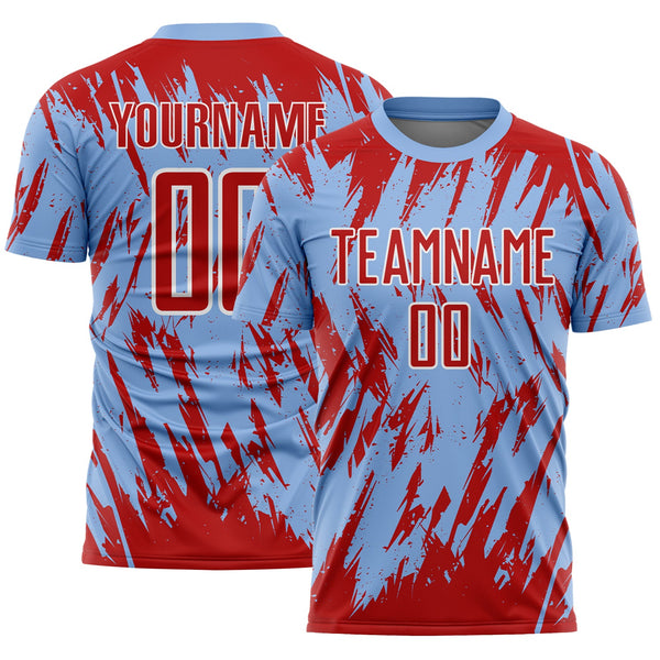 Custom Light Blue Red-White Splatter Torn Sharp Brush Stroke Sublimation Soccer Uniform Jersey