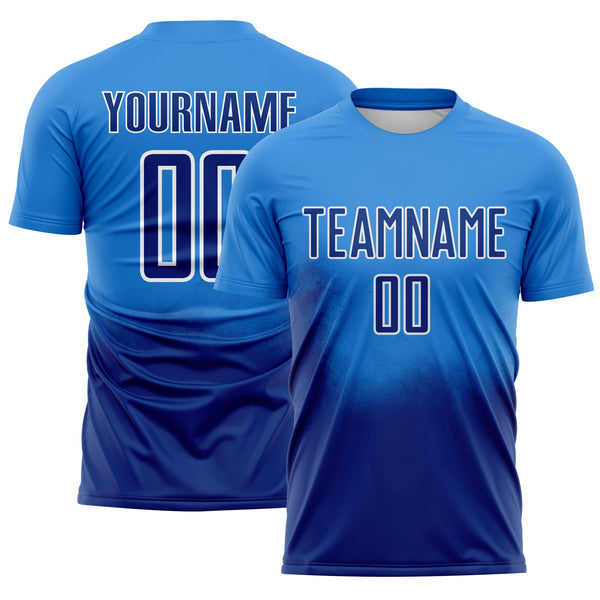 Custom Powder Blue Royal-White Brasil Spray Gradient Sublimation Soccer Uniform Jersey