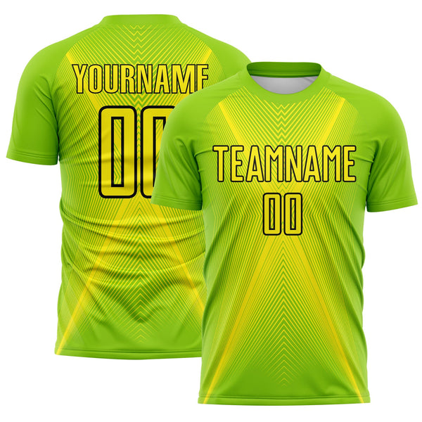 Custom Neon Green Light Yellow-Black Brasil Geometric Chevron Sublimation Soccer Uniform Jersey