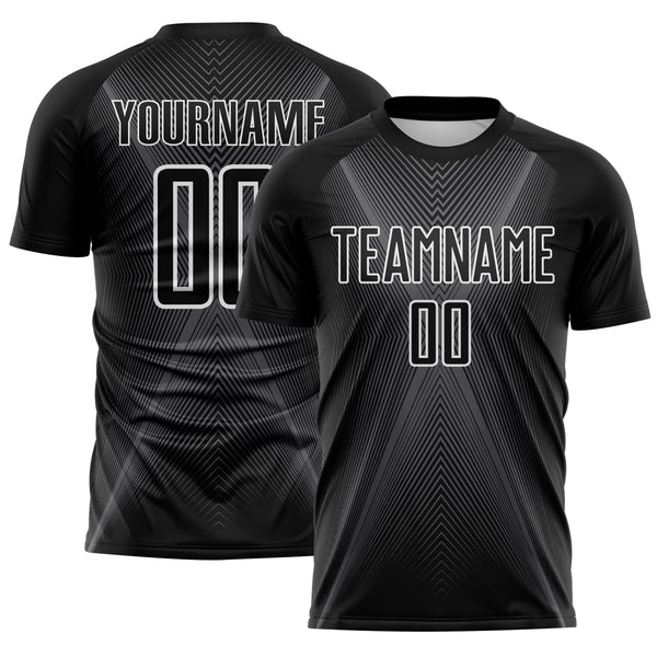 Custom Black Steel Gray-White Brasil Geometric Chevron Sublimation Soccer Uniform Jersey
