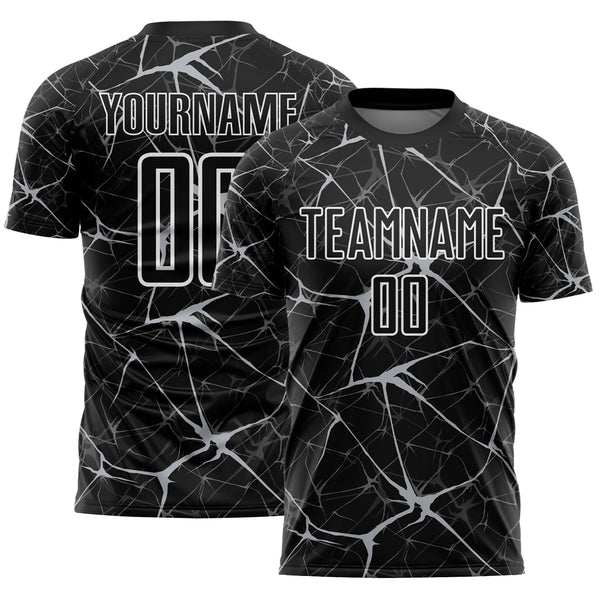 Custom Black Gray-White Abstract Network Crackle Sublimation Soccer Uniform Jersey