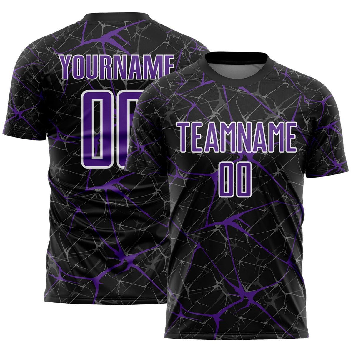 Custom Black Purple-White Abstract Network Crackle Sublimation Soccer Uniform Jersey