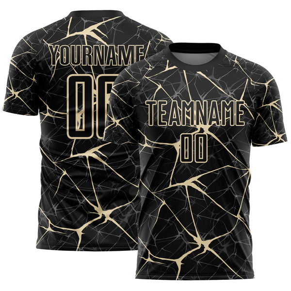 Custom Black-Cream Abstract Network Crackle Sublimation Soccer Uniform Jersey