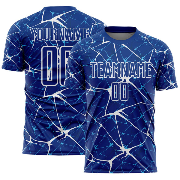 Custom Royal-White Abstract Network Crackle Sublimation Soccer Uniform Jersey