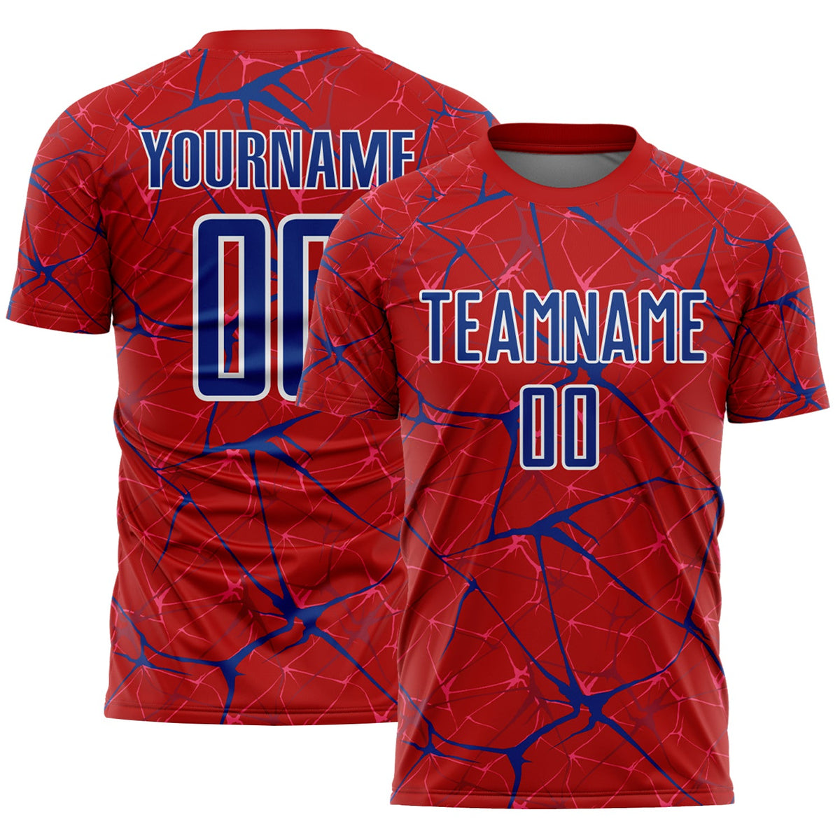 Custom Red Royal-White Abstract Network Crackle Sublimation Soccer Uniform Jersey