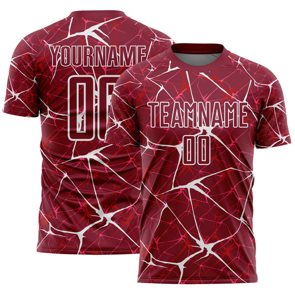 Custom Crimson-White Abstract Network Crackle Sublimation Soccer Uniform Jersey