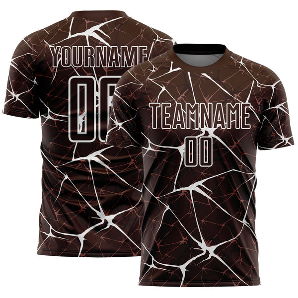Custom Brown-White Abstract Network Crackle Sublimation Soccer Uniform Jersey
