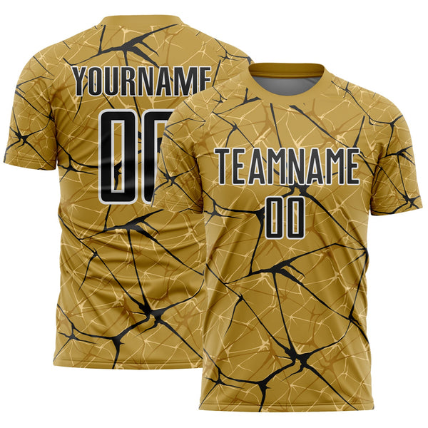 Custom Old Gold Black-White Abstract Network Crackle Sublimation Soccer Uniform Jersey