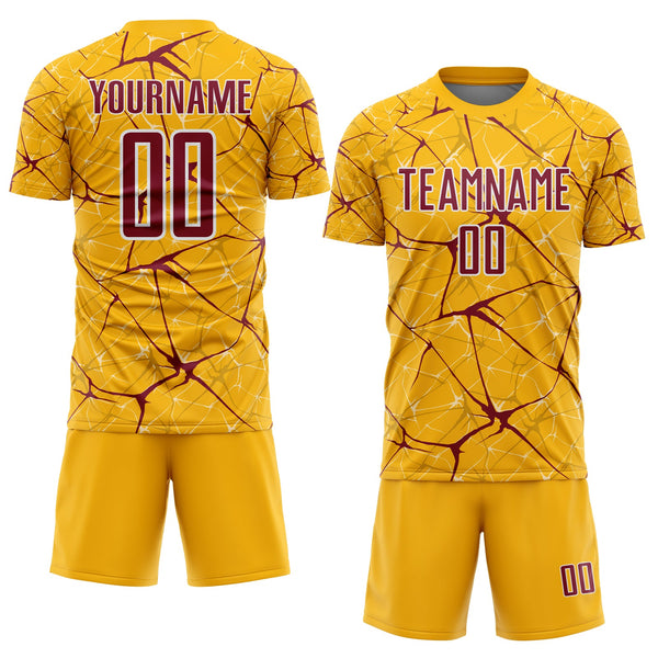 Custom Gold Crimson-White Abstract Network Crackle Sublimation Soccer Uniform Jersey alternate