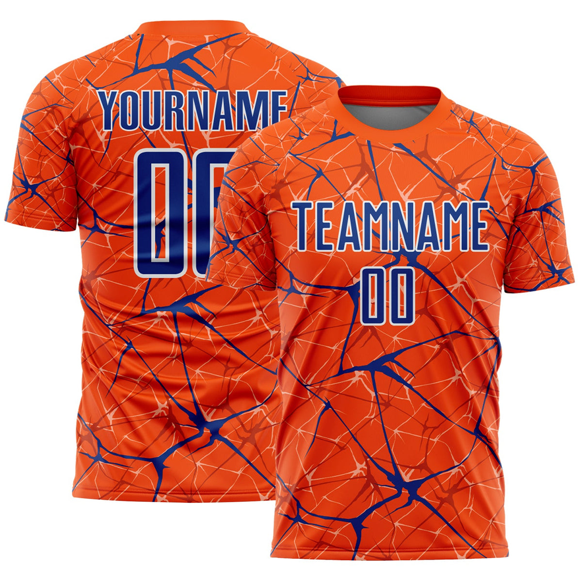 Custom Orange Royal-White Abstract Network Crackle Sublimation Soccer Uniform Jersey