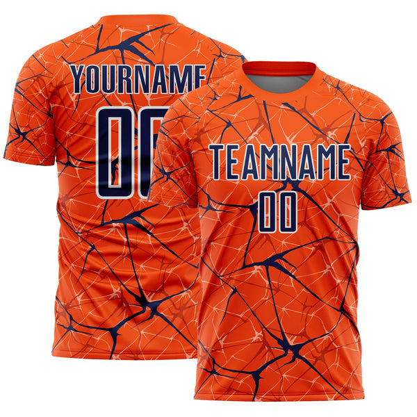 Custom Orange Navy-White Abstract Network Crackle Sublimation Soccer Uniform Jersey