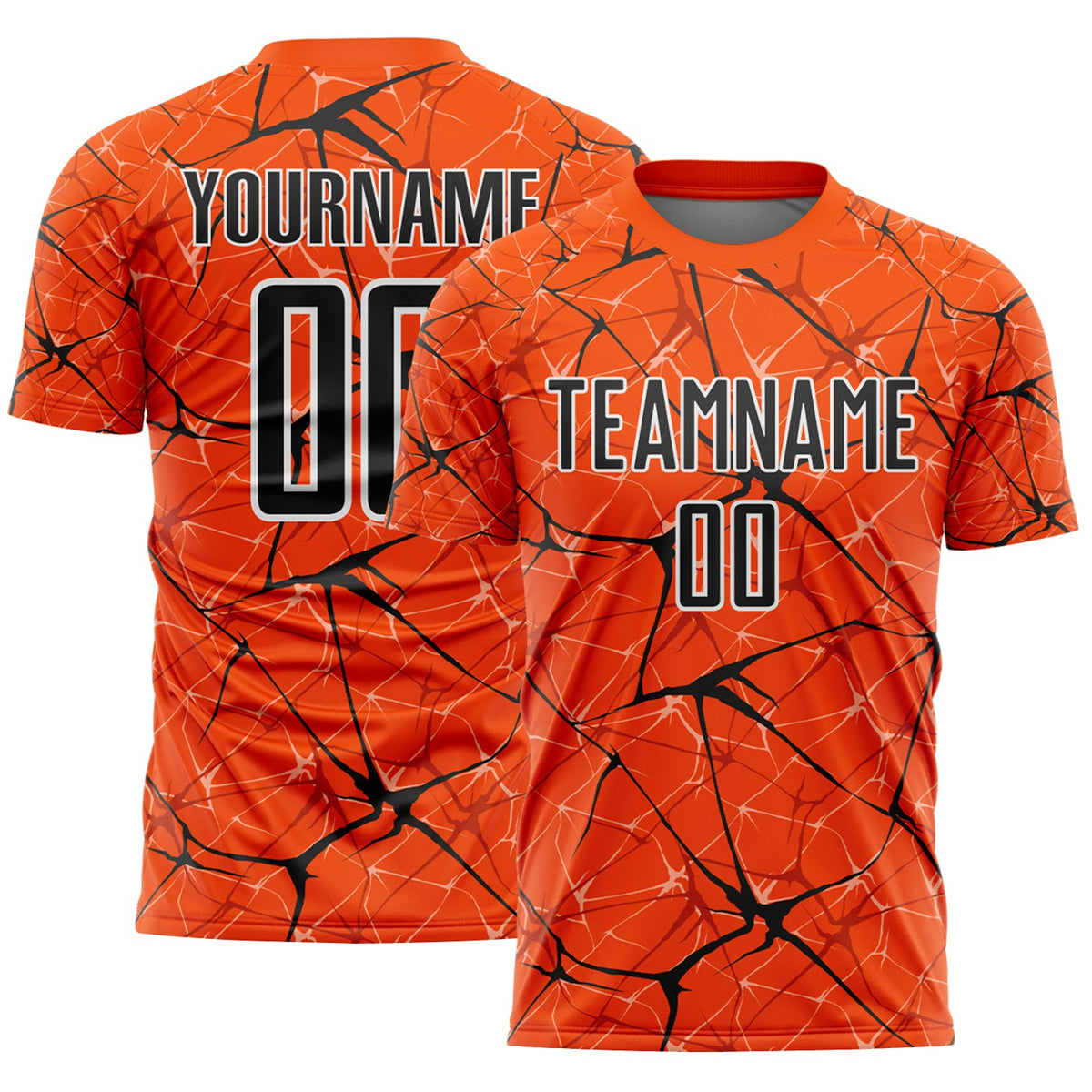 Custom Orange Black-White Abstract Network Crackle Sublimation Soccer Uniform Jersey