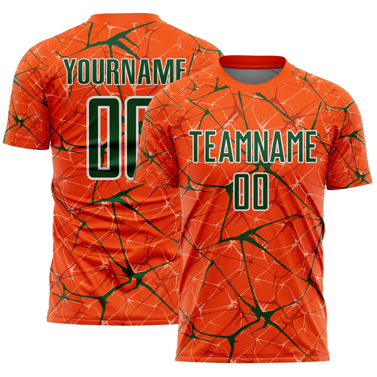 Custom Orange Green-White Abstract Network Crackle Sublimation Soccer Uniform Jersey