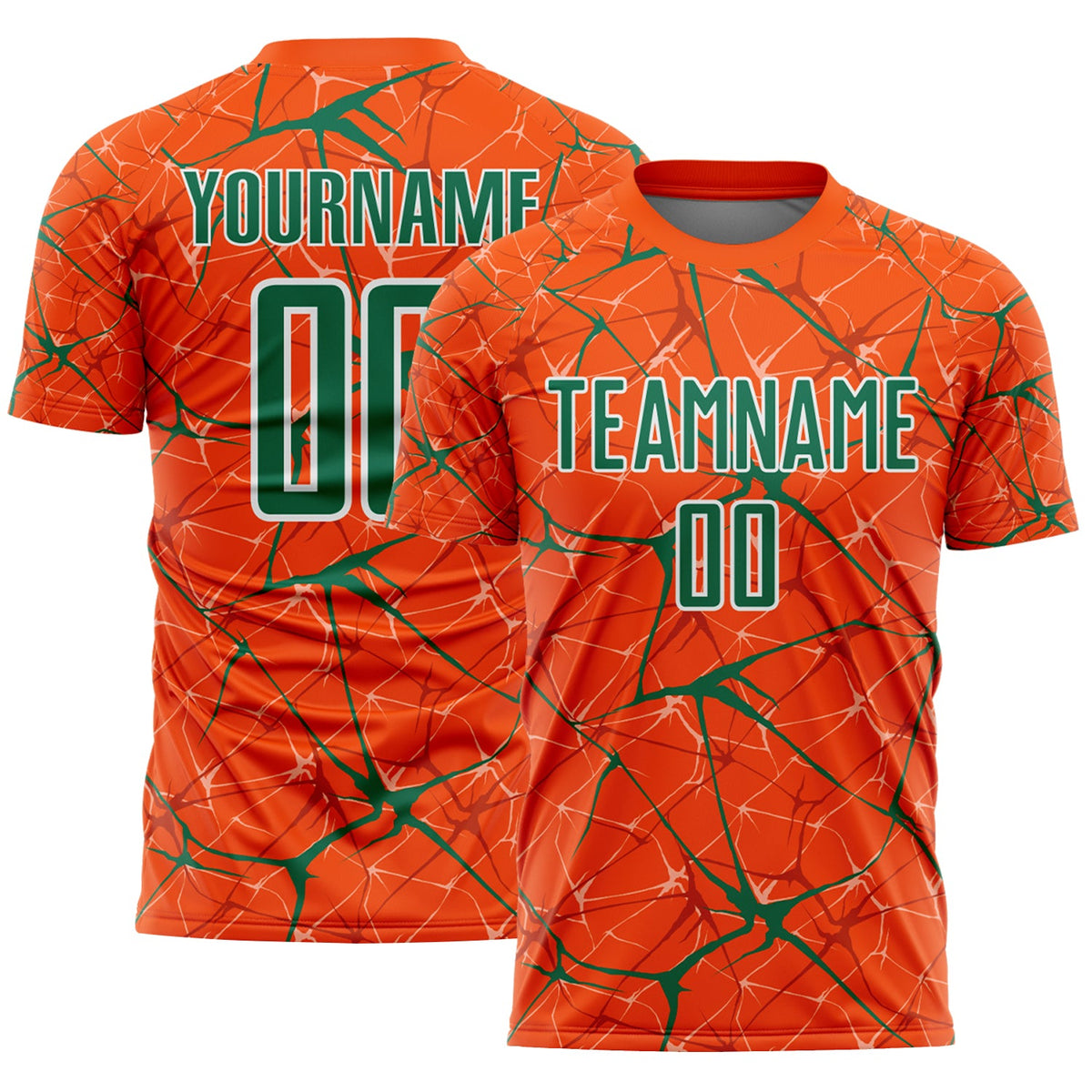 Custom Orange Kelly Green-White Abstract Network Crackle Sublimation Soccer Uniform Jersey