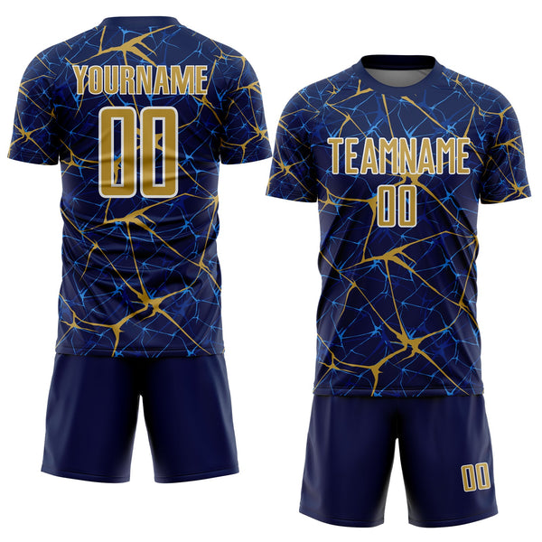 Custom Navy Old Gold-White Abstract Network Crackle Sublimation Soccer Uniform Jersey alternate