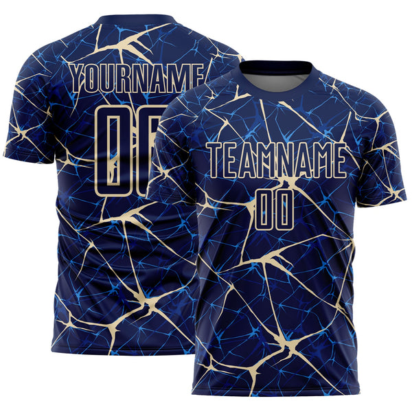 Custom Navy-Cream Abstract Network Crackle Sublimation Soccer Uniform Jersey