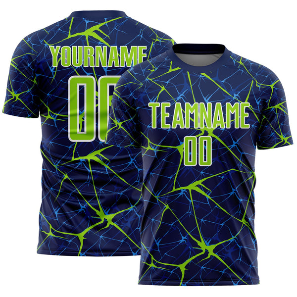 Custom Navy Neon Green-White Abstract Network Crackle Sublimation Soccer Uniform Jersey