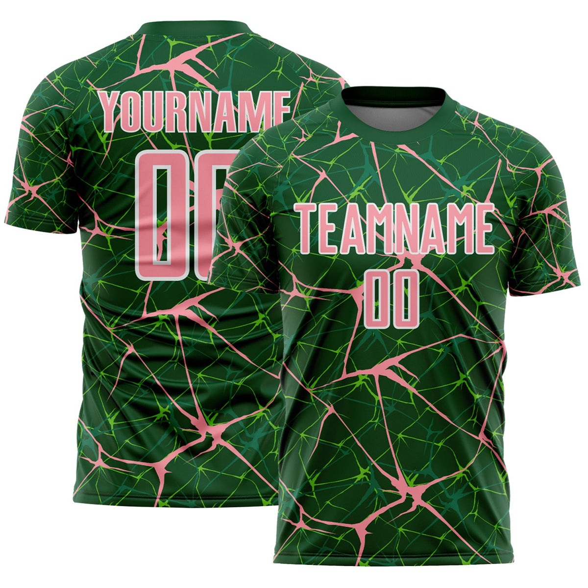 Custom Green Medium Pink-White Abstract Network Crackle Sublimation Soccer Uniform Jersey
